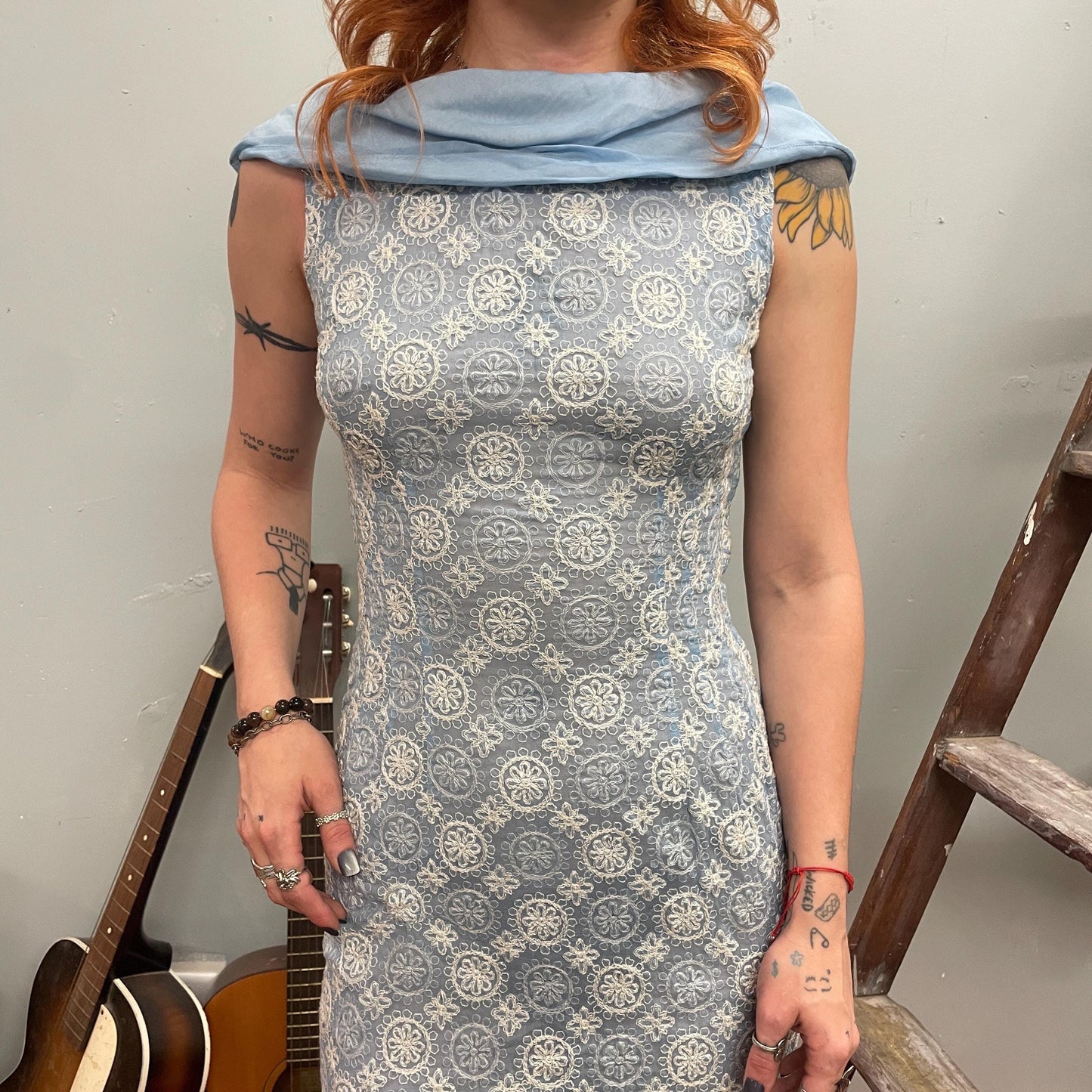 vtg 60s BOW TIE SHAWL // vintage chiffon bow net lace embroidered full length fancy evening gown floral ethereal blue flowy photo shoot gown