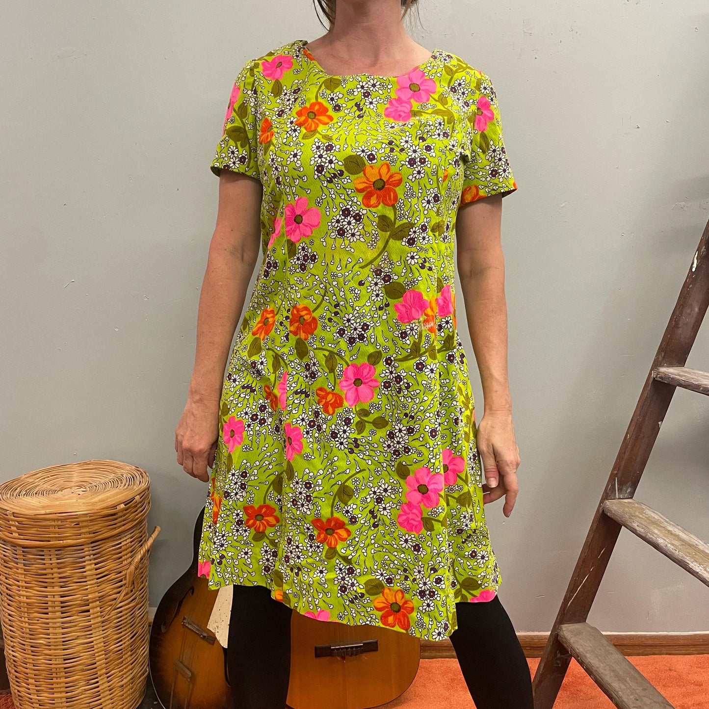 vtg 1960s DAY GLOW FLORAL Dress // vintage neon green & pink hawaiian tent style mini dress bright funky flower power mod retro kitshy twee