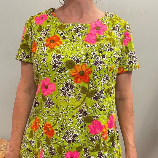 vtg 1960s DAY GLOW FLORAL Dress // vintage neon green & pink hawaiian tent style mini dress bright funky flower power mod retro kitshy twee