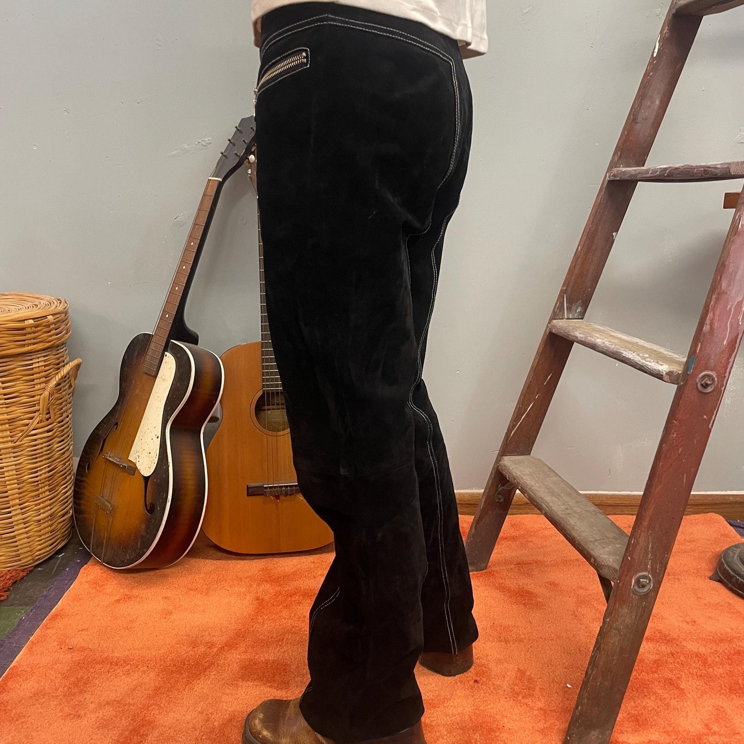 vtg 90s LEATHER ZIPPER PANTS // vintage y2k suede black white contrast stitch bareback biker rocker straight leg bootcut western hippie