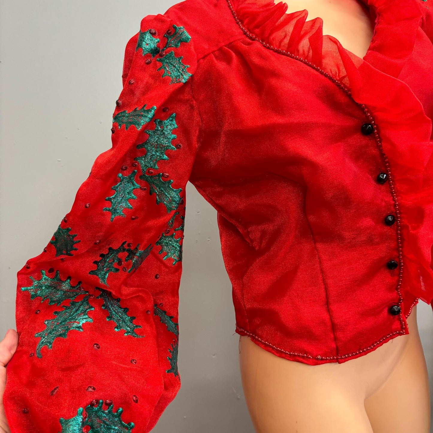 vtg RED BALLOON SLEEVE Blouse // vintage sheer ruffle collar mrs claus christmas queen costume festive mistletoe homemade sheer sleeve top