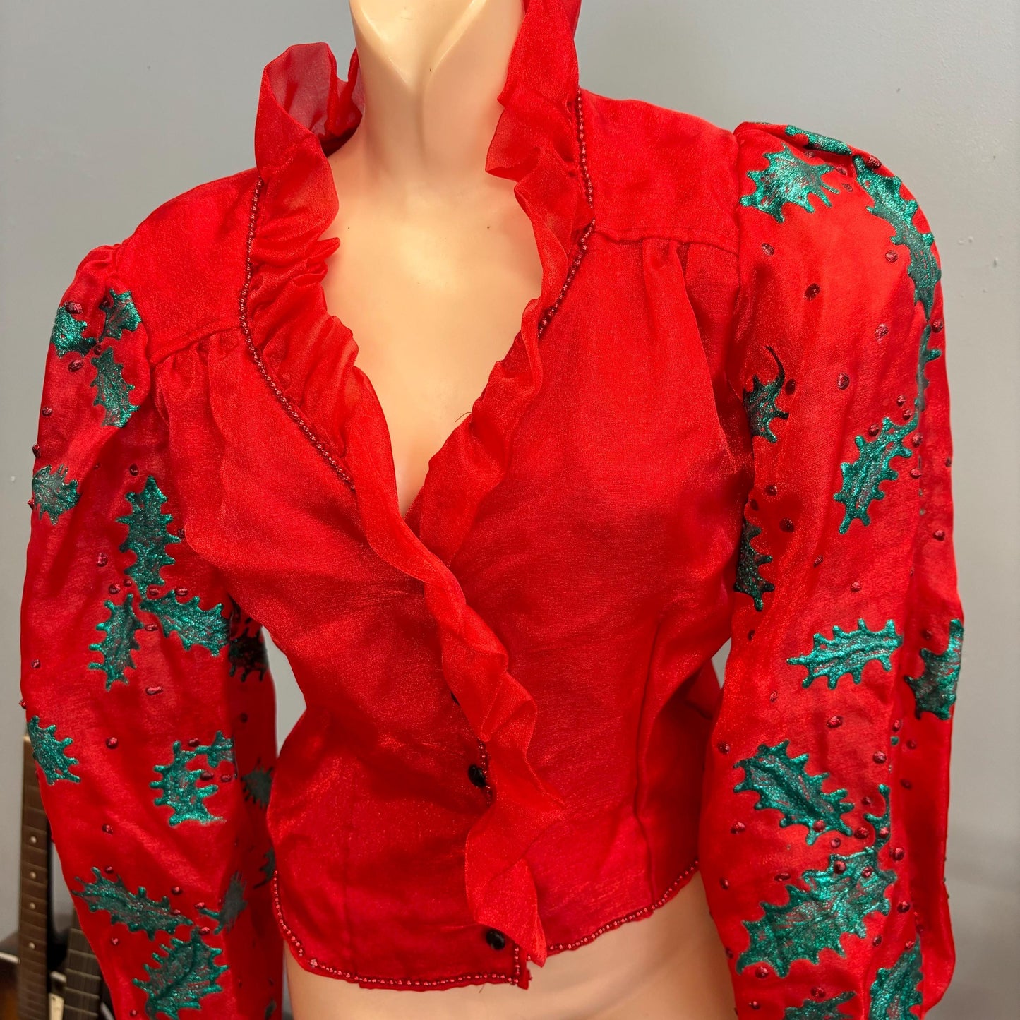 vtg RED BALLOON SLEEVE Blouse // vintage sheer ruffle collar mrs claus christmas queen costume festive mistletoe homemade sheer sleeve top