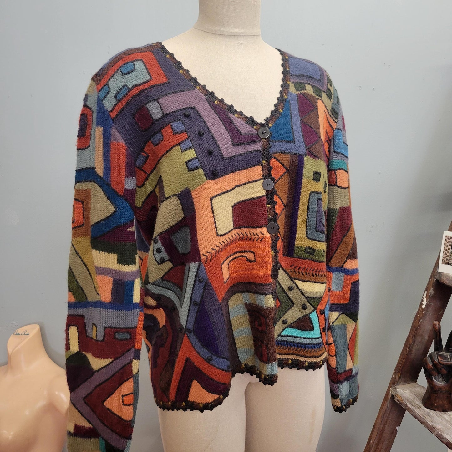vtg 90s ABSTRACT PATCHWORK CARDIGAN // vintage peruvian alpaca fur geometric pattern funky sweater y2k grunge slouchy retro phoebe friends