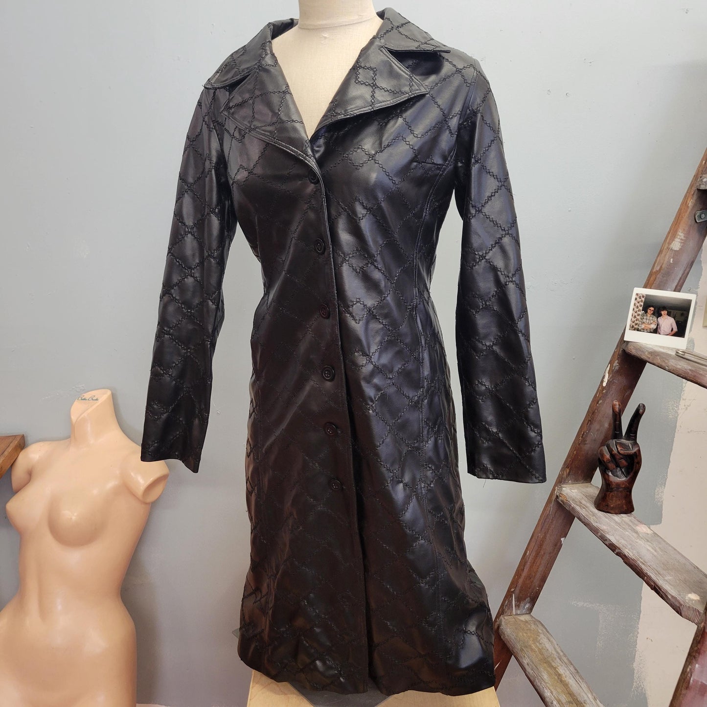 vtg 90s Y2K LONG BLACK LEATHER Jacket // medium patchwork stitched lightweight matrix style collared raver club gothic autumn winter sleek