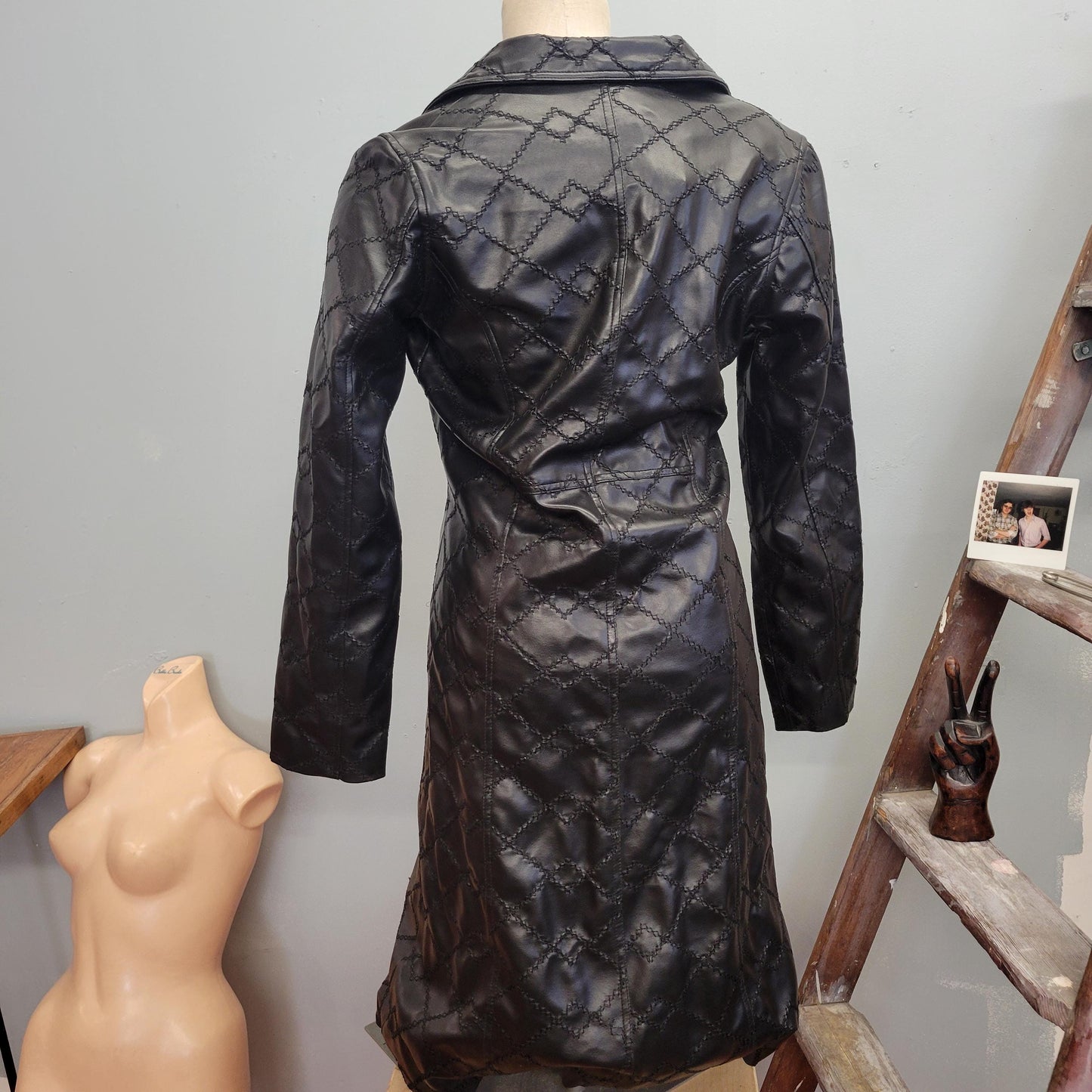 vtg 90s Y2K LONG BLACK LEATHER Jacket // medium patchwork stitched lightweight matrix style collared raver club gothic autumn winter sleek