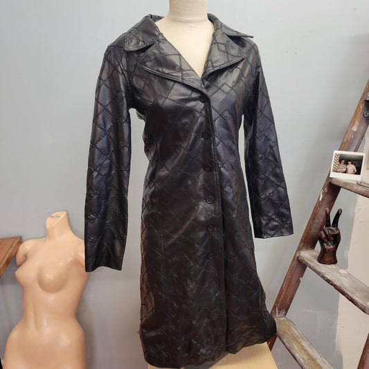 vtg 90s Y2K LONG BLACK LEATHER Jacket // medium patchwork stitched lightweight matrix style collared raver club gothic autumn winter sleek