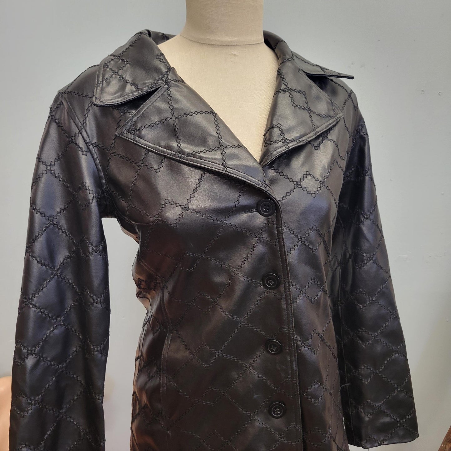 vtg 90s Y2K LONG BLACK LEATHER Jacket // medium patchwork stitched lightweight matrix style collared raver club gothic autumn winter sleek