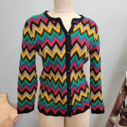 vtg 50s MULITICOLOR CHEVRON STRIPED Cardigan // vintage patterned wool sweater zig zag abstract hand knit retro colorway vivid rockabilly