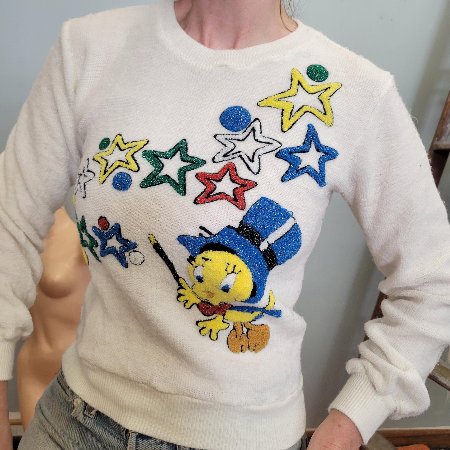 vtg 80s TWEETY BIRD STARS Top // vintage warner bros sparkle knit sweater retro looney tunes cropped sweatshirt baby tee cartoon character