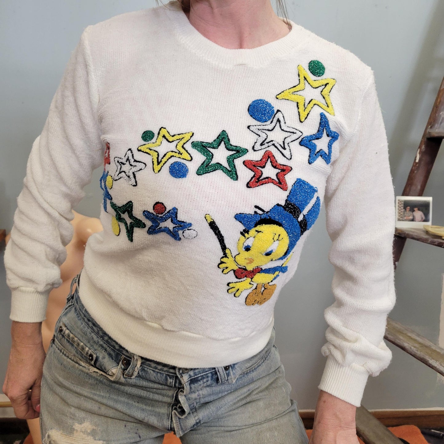 vtg 80s TWEETY BIRD STARS Top // vintage warner bros sparkle knit sweater retro looney tunes cropped sweatshirt baby tee cartoon character