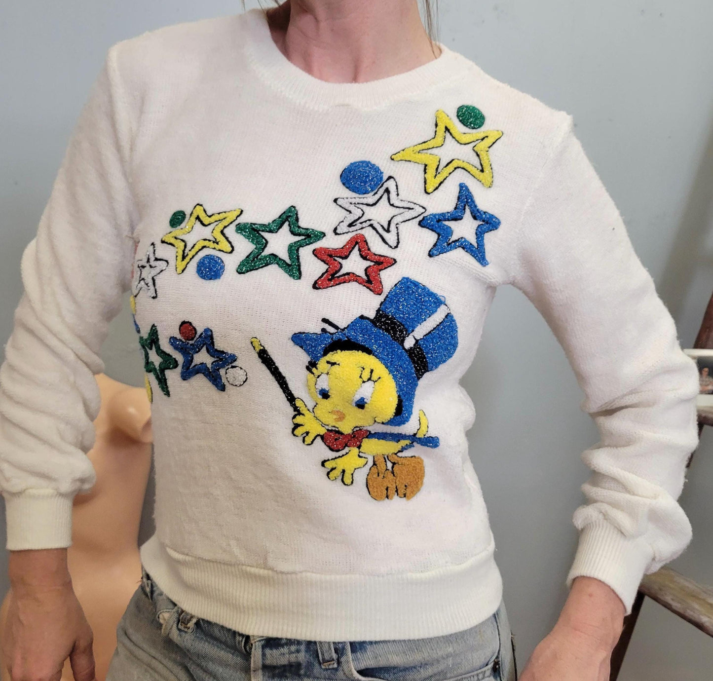 vtg 80s TWEETY BIRD STARS Top // vintage warner bros sparkle knit sweater retro looney tunes cropped sweatshirt baby tee cartoon character