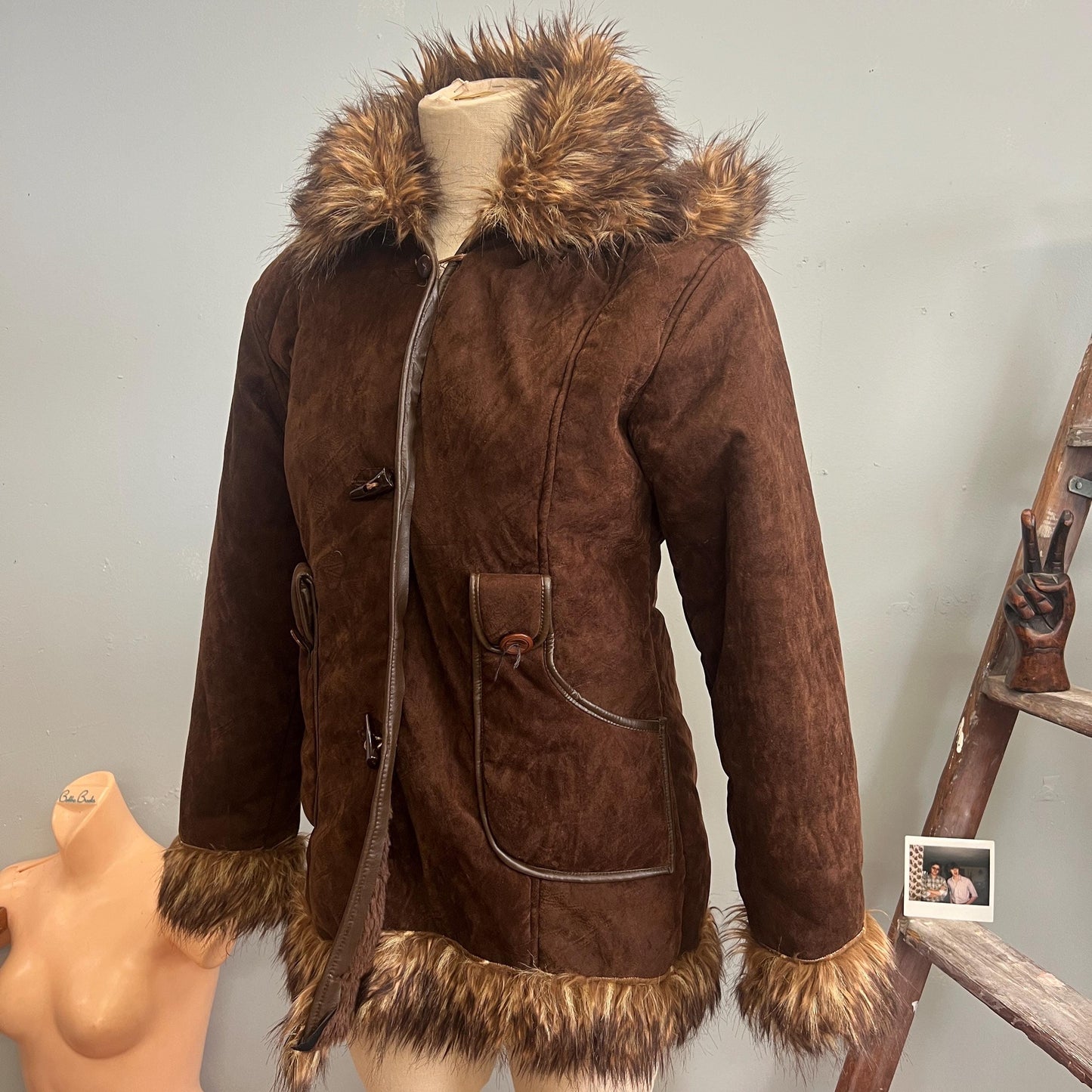 vtg 70s PENNY LANE COAT // vintage fur trim suede felt stroller jacket mod hippie bohemian chocolate shaggy afghan statement duster medium