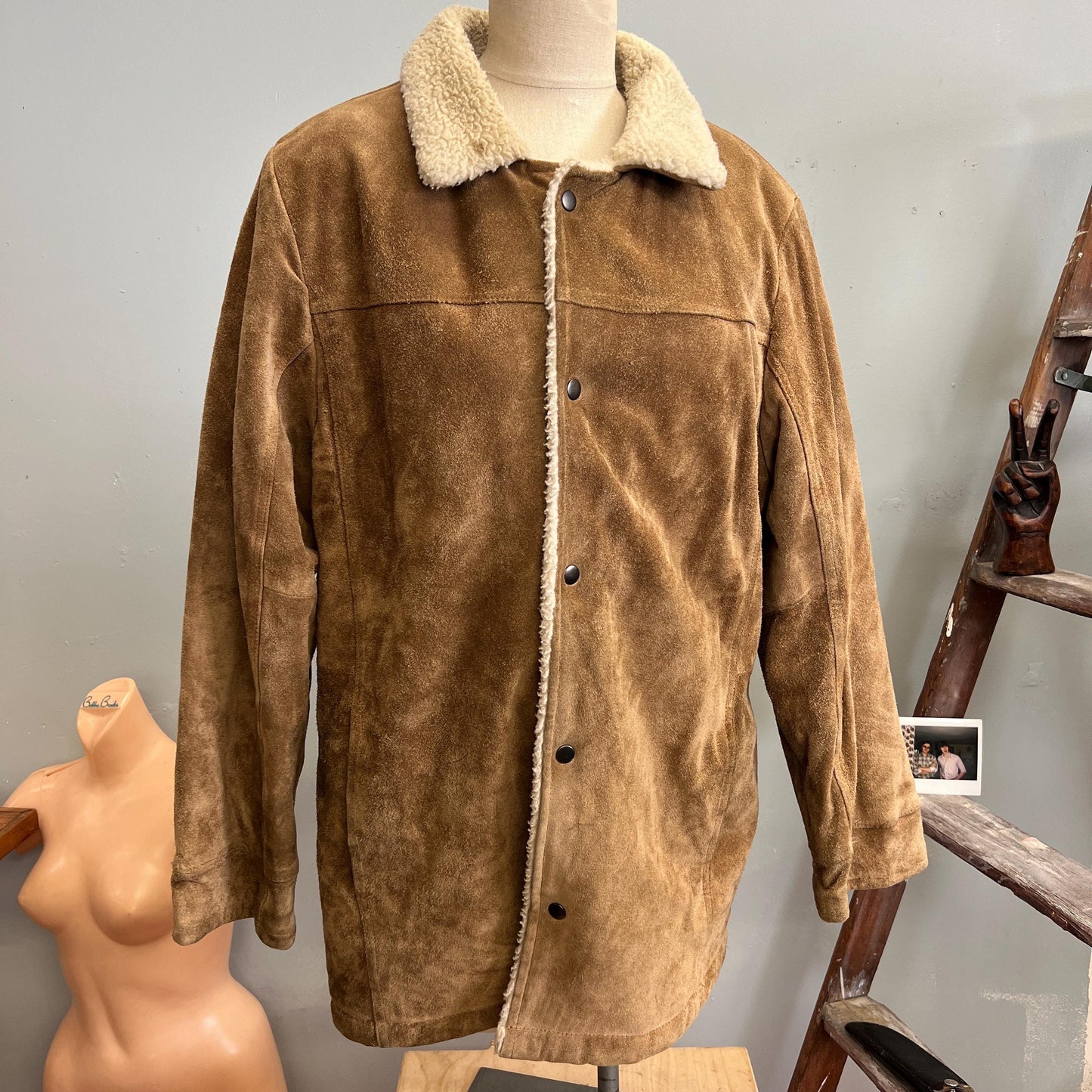 vtg 70s FUR SUEDE COAT // vintage pioneer wear 46 mens shearling leather jacket retro tan suede Sherpa autumn winter overcoat western style