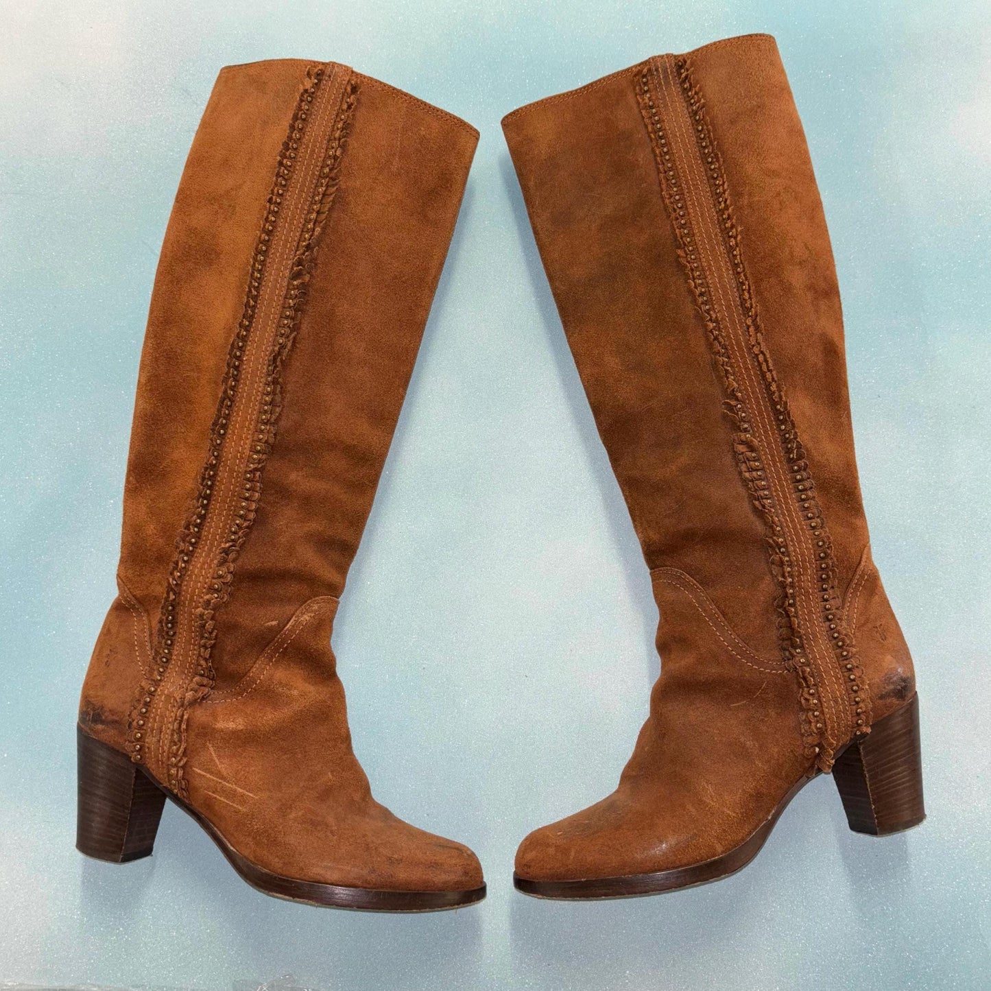 vtg 90s FRYE SUEDE BOOTS // vintage embellished beaded fringe knee high tall brown autumn boots