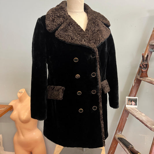 vtg 60s FAUX FUR COAT // vintage mod two tone stroller jacket black & brown persian lamb style retro autumn winter stylish warm overcoat