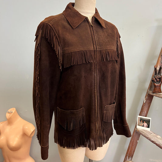 vtg 50s TASSLE FRINGE JACKET // vintage chocolate brown suede custom size 28 small davy Crockett western hippie bohemian ranchwear cowgirl