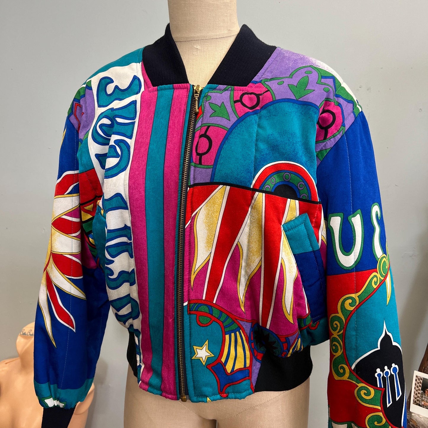 vtg 80s SILKY BOMBER JACKET // vintage apriori large celestial patchwork zip up windbreaker crazy pattern fresh prince retro funky eclectic