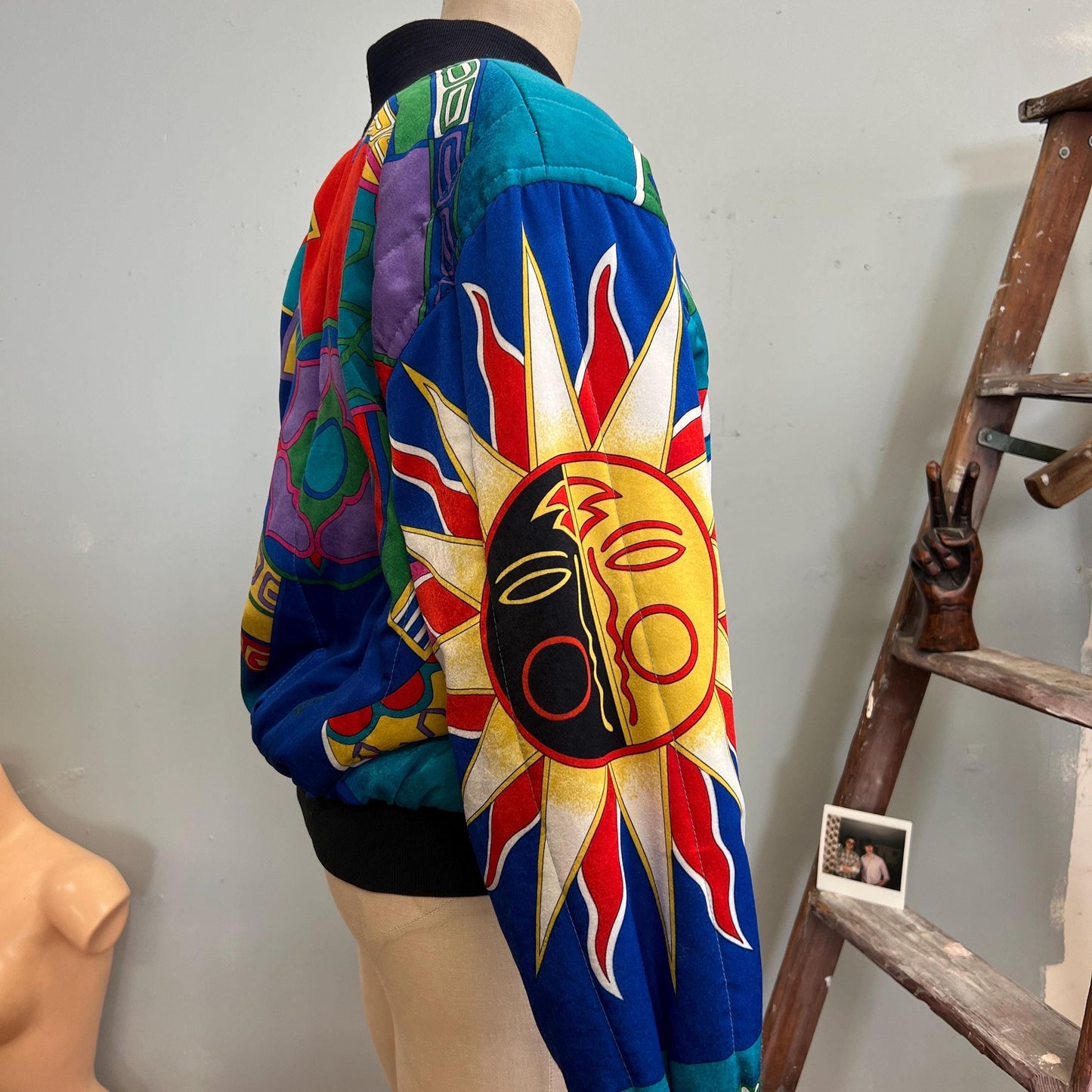 vtg 80s SILKY BOMBER JACKET // vintage apriori large celestial patchwork zip up windbreaker crazy pattern fresh prince retro funky eclectic