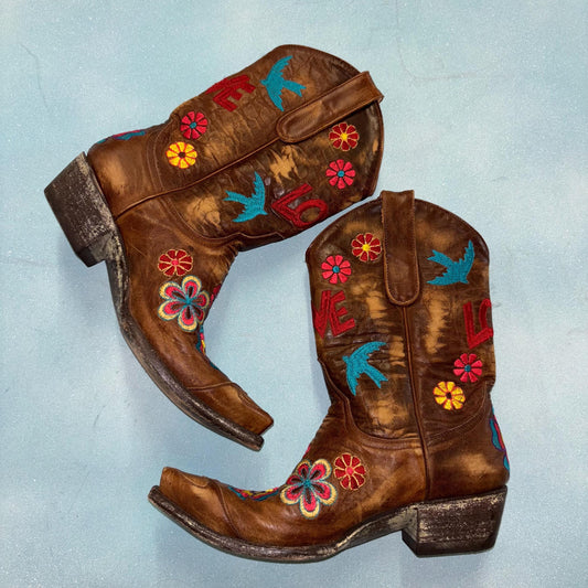 vtg 90s EMBROIDERED LOVE BOOTS // vintage retro style old gringo size 7 b patchwork penny lane western cowgirl flower power heart boots boho