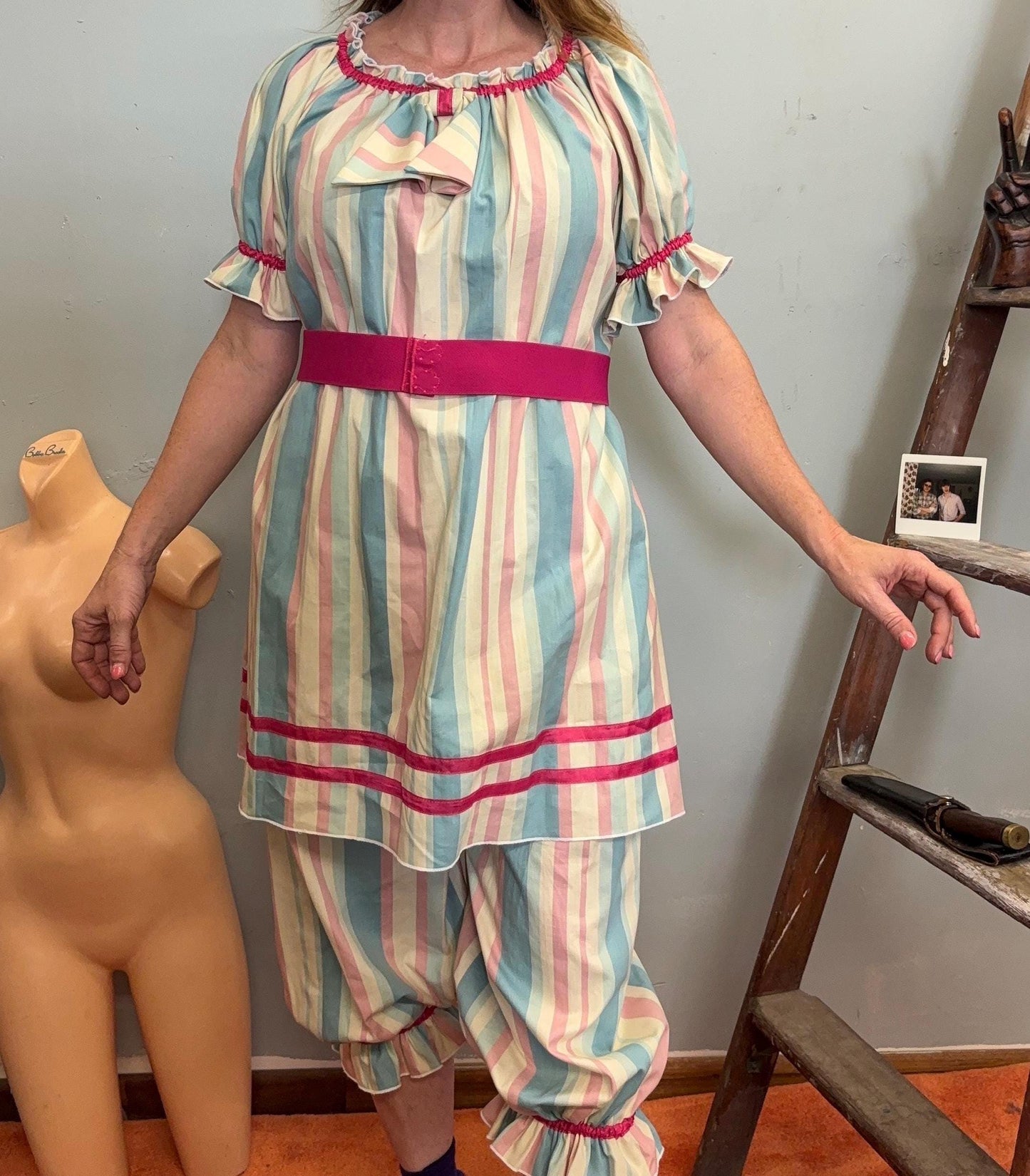 vtg 70s OLD MAID COSTUME // vintage homemade hilarious funny Halloween clown Holly hobbie grandma over the hill gag spoof striped pants set