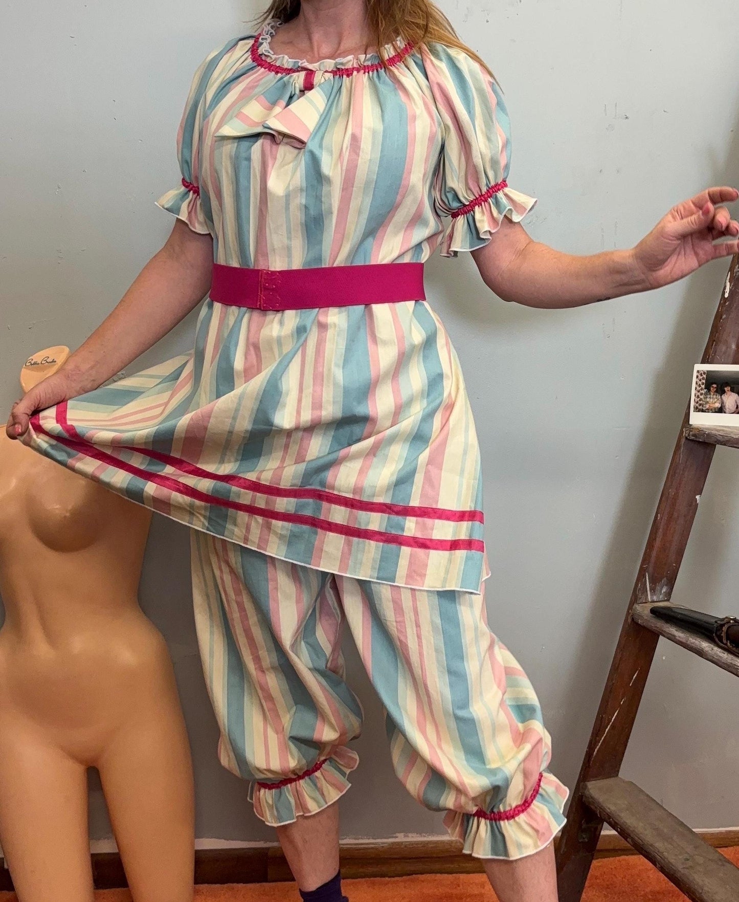 vtg 70s OLD MAID COSTUME // vintage homemade hilarious funny Halloween clown Holly hobbie grandma over the hill gag spoof striped pants set