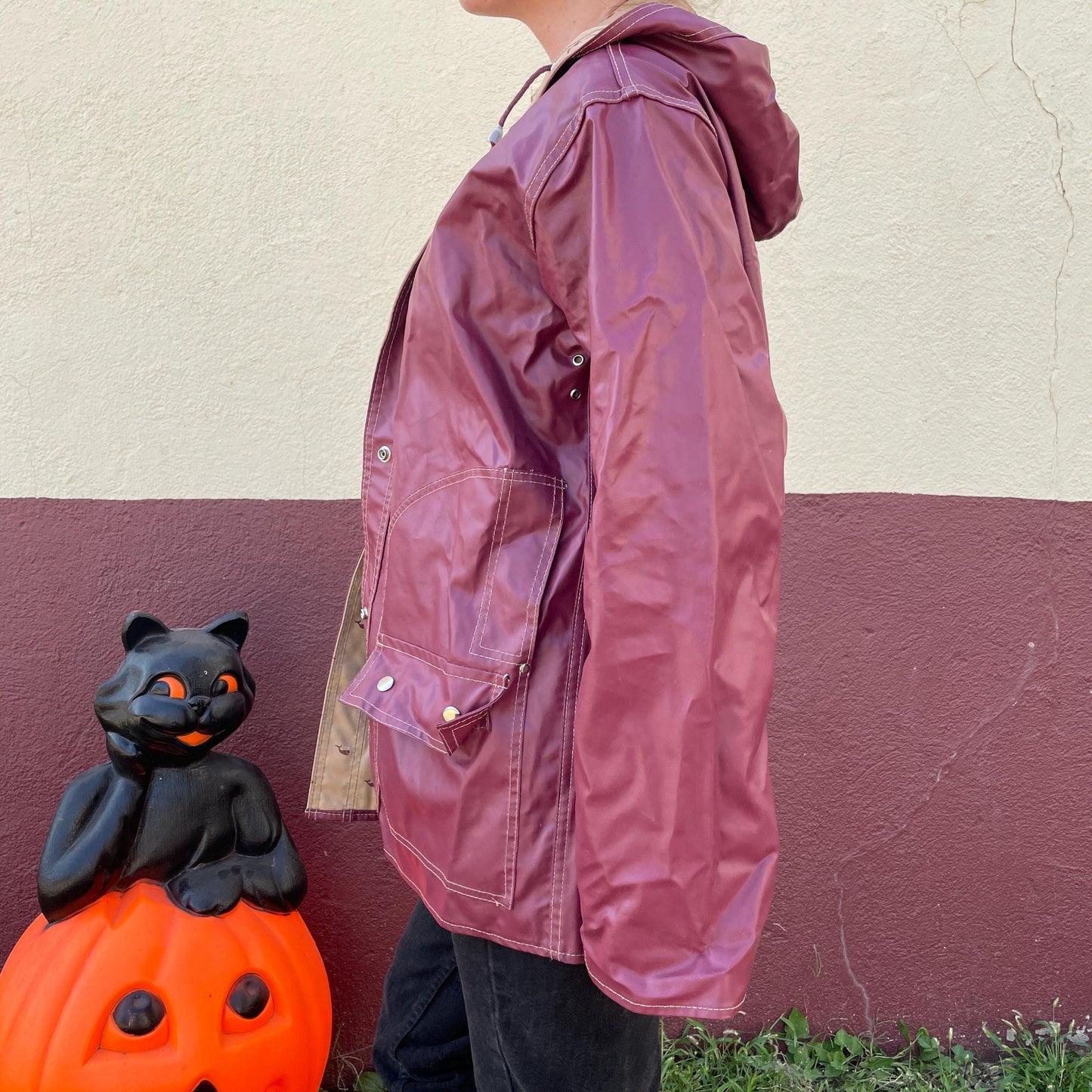 vtg 80s DUCK PATTERNED JACKET // vintage earth tones autumn stranger things 90s grunge pvc wet look shiny  waterproof earth tones 90s parka