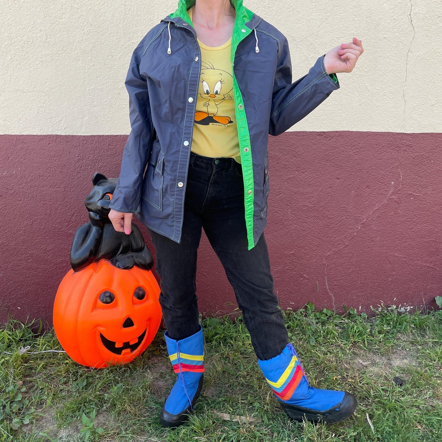 vtg 80s REVERSIBLE RAIN COAT // vintage bright green navy blue hooded neon pvc vinyl parka autumn fall swishy reflective halloween night