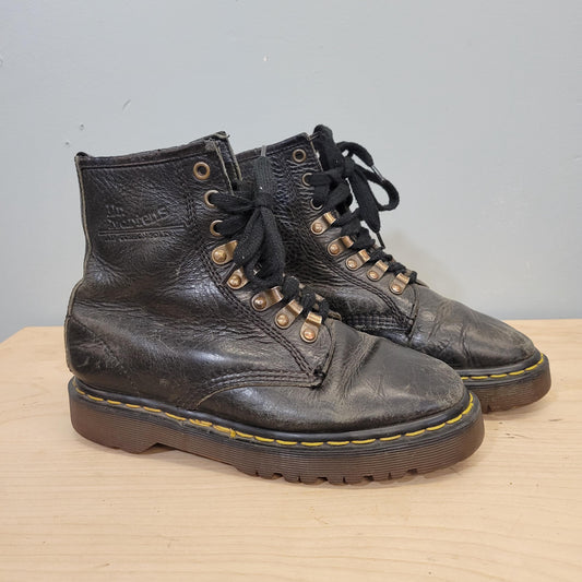 vtg 90s LEATHER DR MARTENS boots // vintage tunnel loop made in england black punk artsy rugged womens 8 grunge worn in ankle combat boots