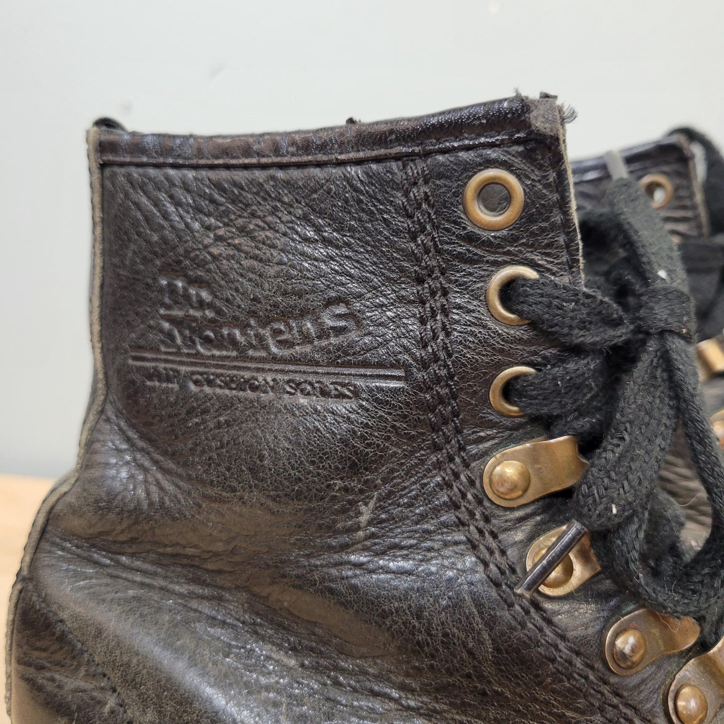 vtg 90s LEATHER DR MARTENS boots // vintage tunnel loop made in england black punk artsy rugged womens 8 grunge worn in ankle combat boots