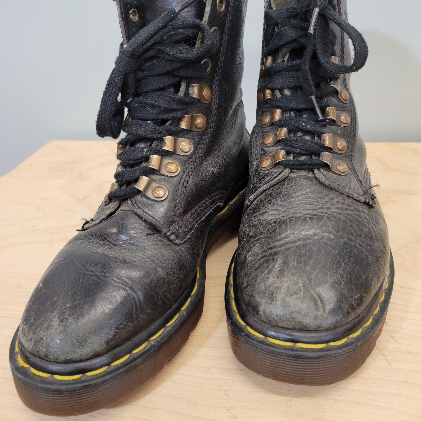 vtg 90s LEATHER DR MARTENS boots // vintage tunnel loop made in england black punk artsy rugged womens 8 grunge worn in ankle combat boots