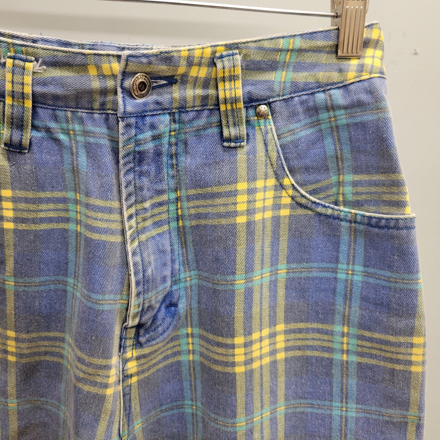 vtg 90s PLAID UNIONBAY baggy SHORTS // vintage pastel blue & yellow denim jorts retro grunge girl unisex hip hop cute casual plaid pants