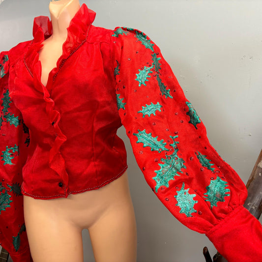 vtg RED BALLOON SLEEVE Blouse // vintage sheer ruffle collar mrs claus christmas queen costume festive mistletoe homemade sheer sleeve top