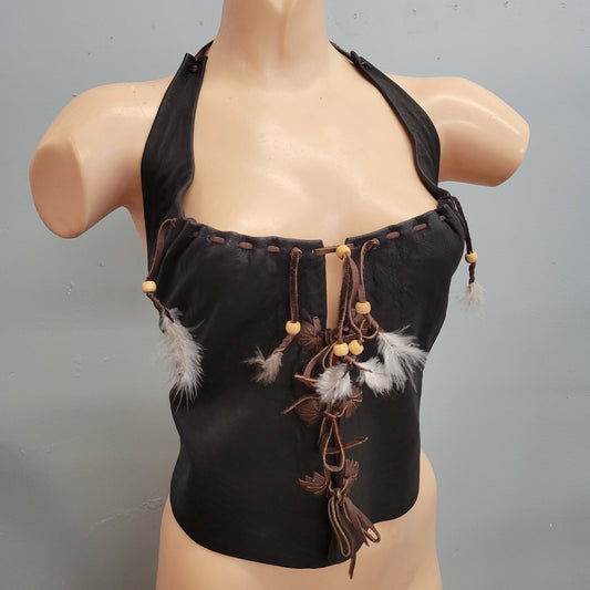 vtg 70s LEATHER LACE UP Top // vintage black leather strap up halter top hippie western bohemian festival style crop top sexy biker babe