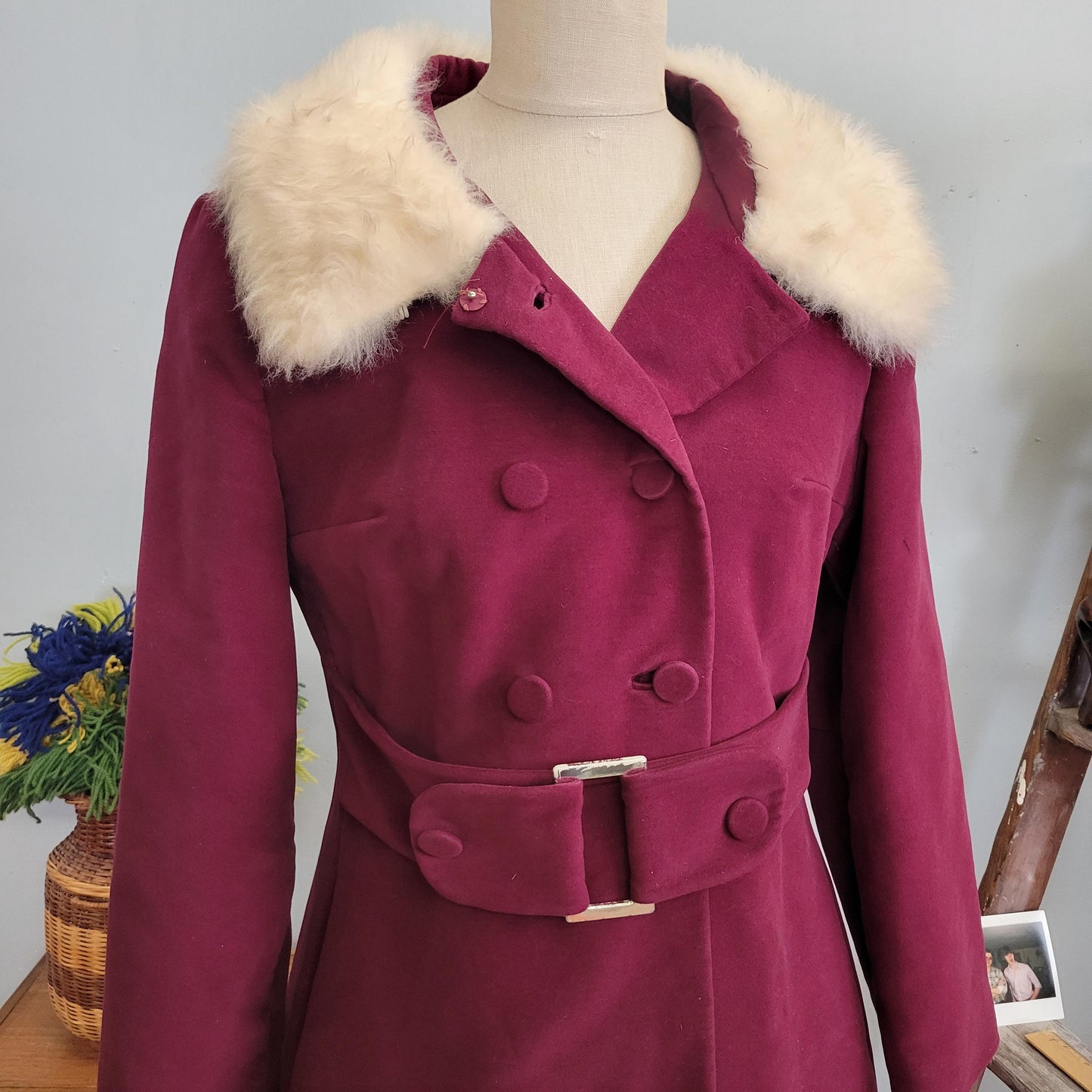 vtg 60s BURGUNDY FUR TRIM Coat // vintage main place size medium lilli ann style penny lane belted stroller coat fancy bright mod retro glam