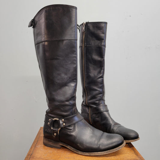 vtg FRYE 'MELISSA HARNESS' Boots // vintage black leather extended calf inside zip boot size 8B knee high mod hippie biker autumn winter