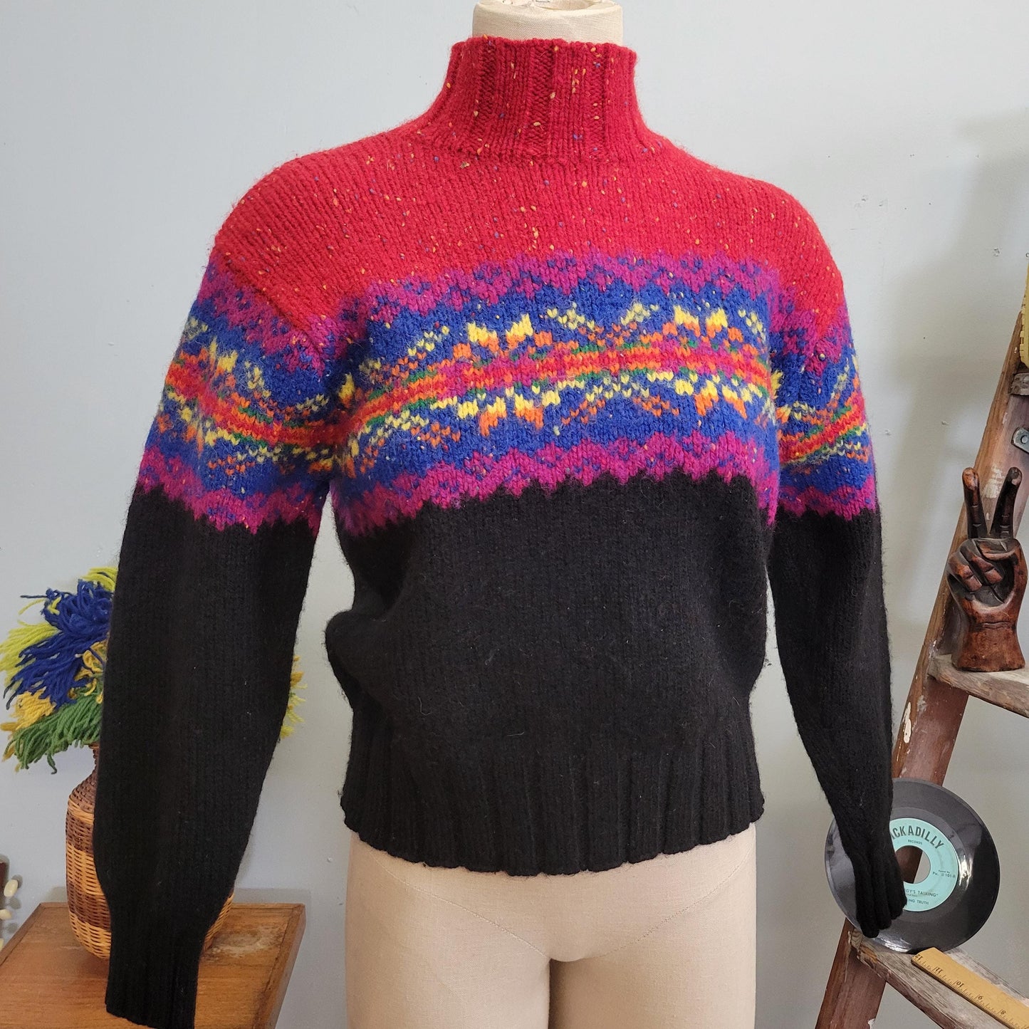 vtg 90s FUNKY PATTERN SWEATER // vintage express tricot medium abstract fuzzy wool intarsia Y2K boxy knit psychedelic snowflake Scandinavian