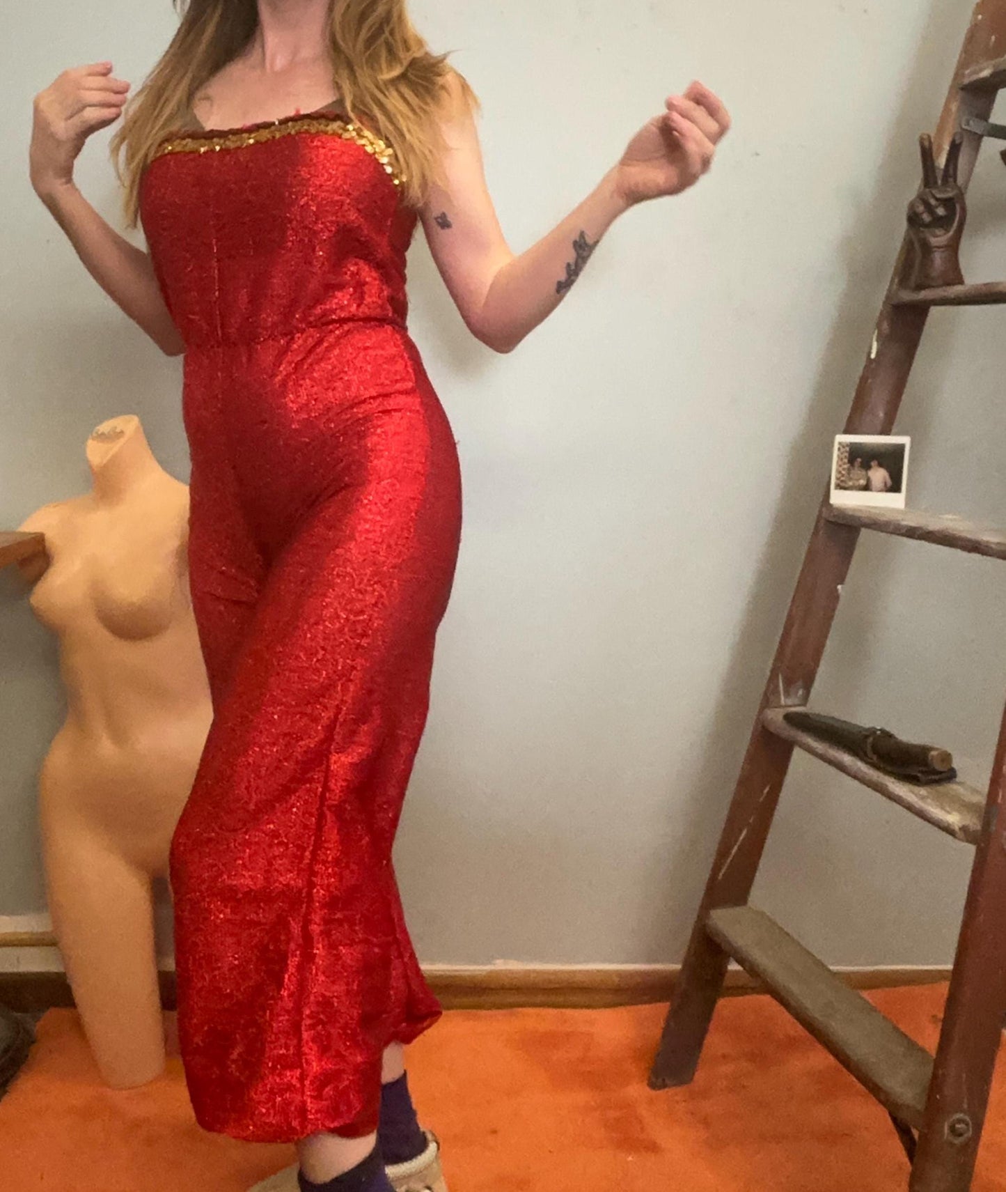 vtg RED LUREX JUMPSUIT // vintage sequin beaded sexy devil halloween costume party hostess sparkly sleeveless tube 70s disco outfit hot fire