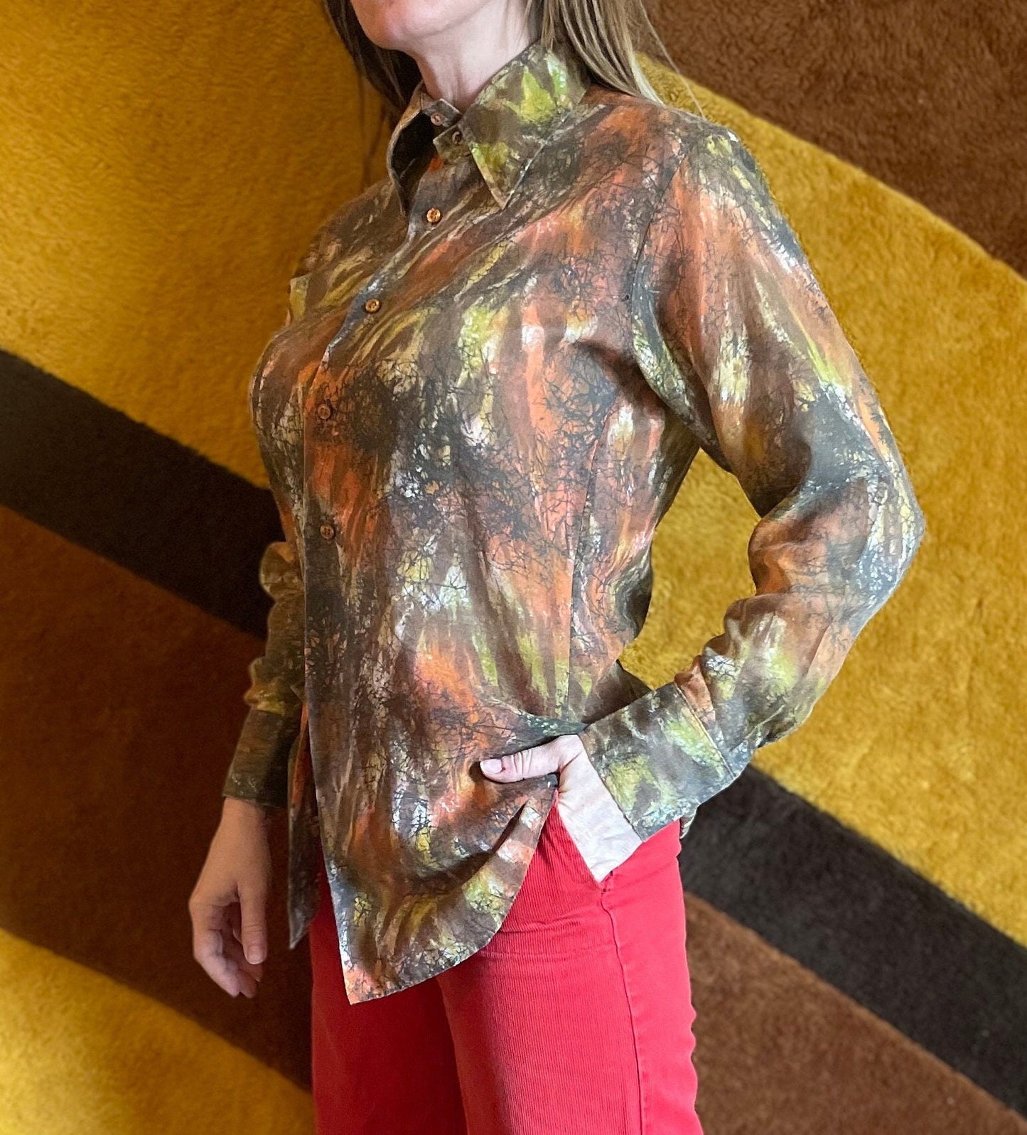 vtg 70s PSYCHEDELIC BUTTON UP // vintage halloween vibes lightweight semi sheer top pointy collar retro abstract print disco hippie blouse