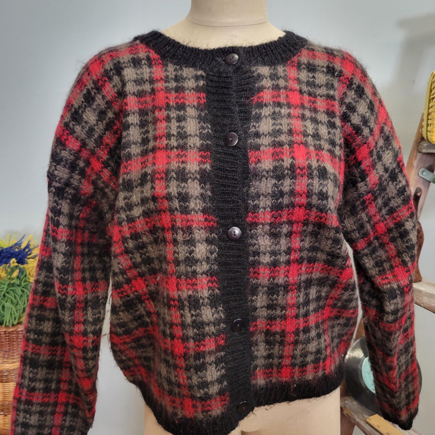vtg 80s PLAID MOHAIR CARDIGAN // vintage rosanna large fuzzy plaid sweater clueless preppy autumn casual boxy warm tones button up cozy knit