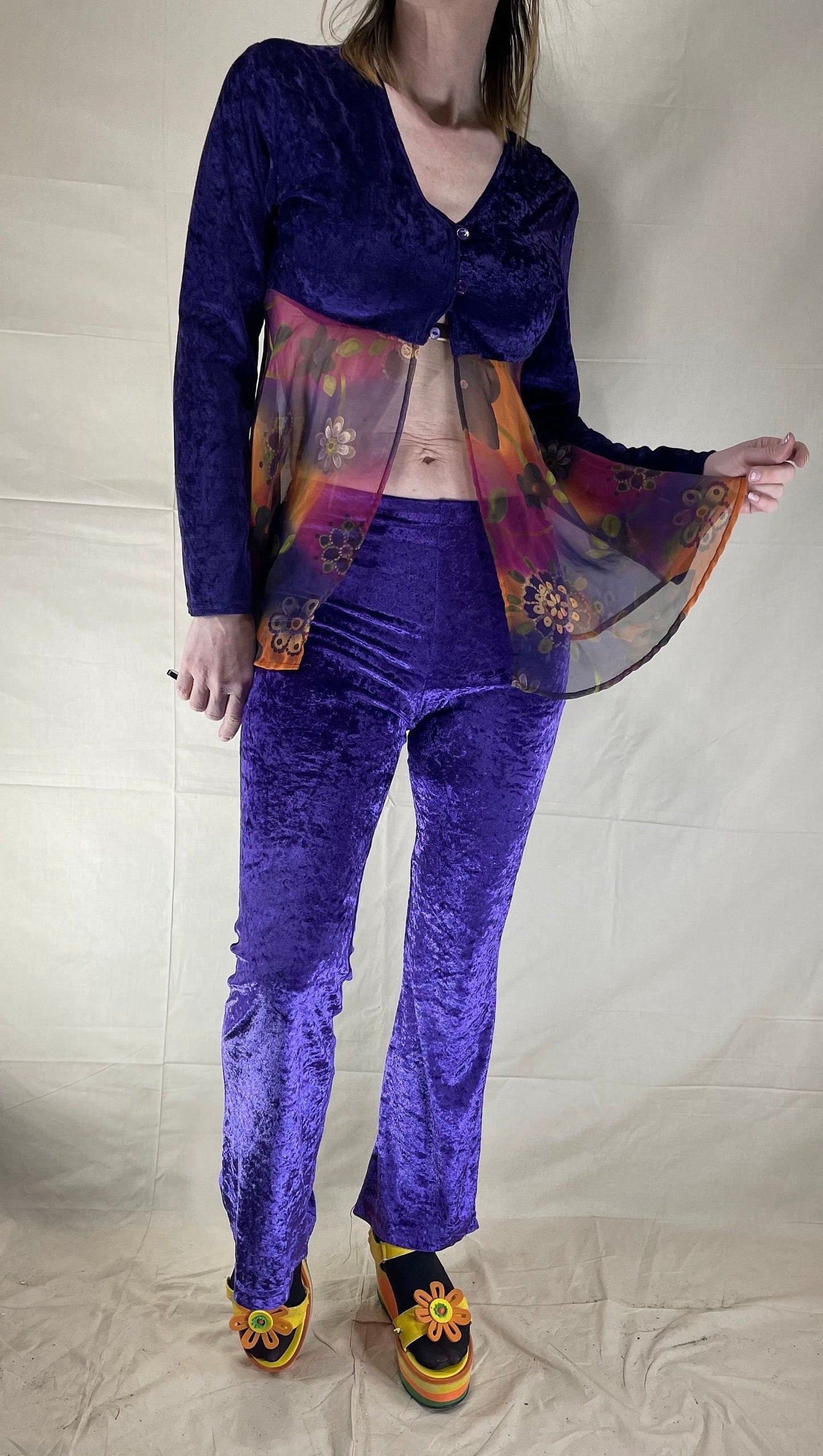 vtg 90s PURPLE VELVET FLARES 2 Piece Set // vintage Deelite raver lady miss kier flare leg hippie y2k 90s dj groove is in the heart costume