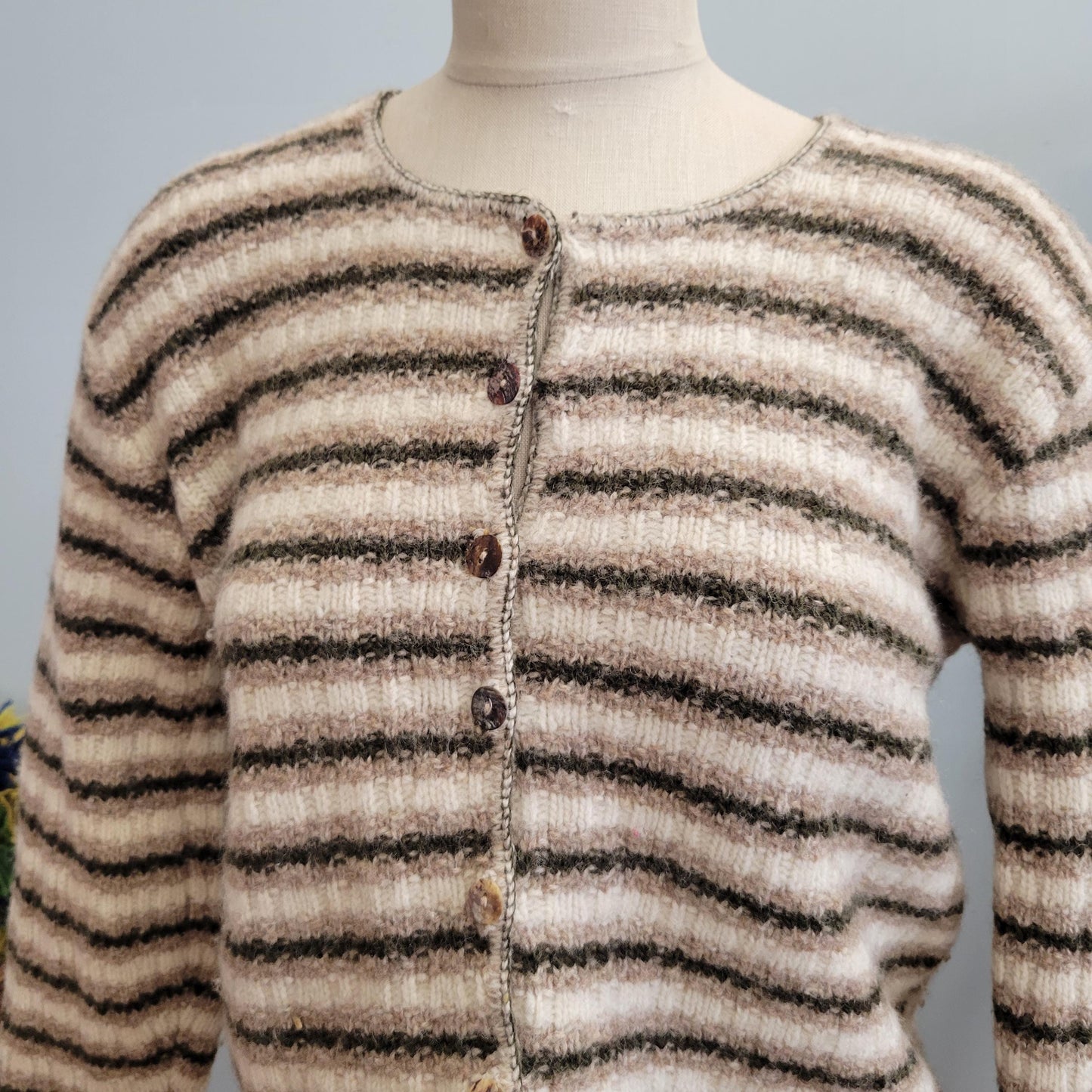 vtg 90s STRIPED WOOL CARDIGAN // vintage reba rose large button up cropped preppy grunge casual autumn neutral minimalist cute fuzzy beige