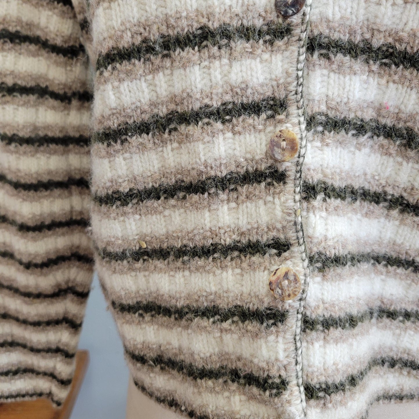 vtg 90s STRIPED WOOL CARDIGAN // vintage reba rose large button up cropped preppy grunge casual autumn neutral minimalist cute fuzzy beige