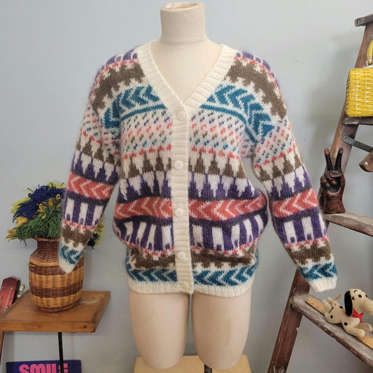 vtg 80s PATTERNED MOHAIR CARDIGAN // vintage knit knit brand small oversized slouchy button up shaggy sweater abstract geometric pattern top