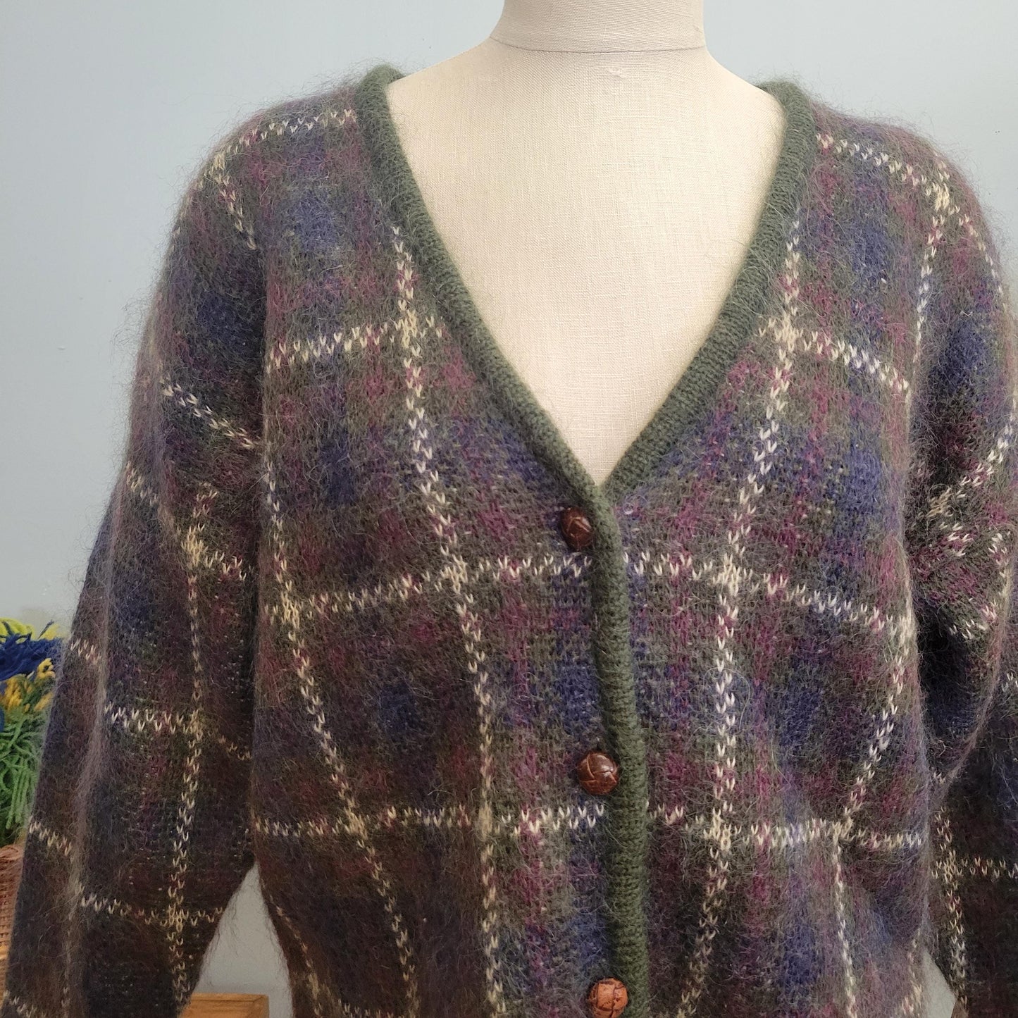 vtg 90s PLAID MOHAIR CARDIGAN // vintage  purple striped medium v neck fuzzy preppy grunge slouchy oversized boxy neutral earth tones autumn