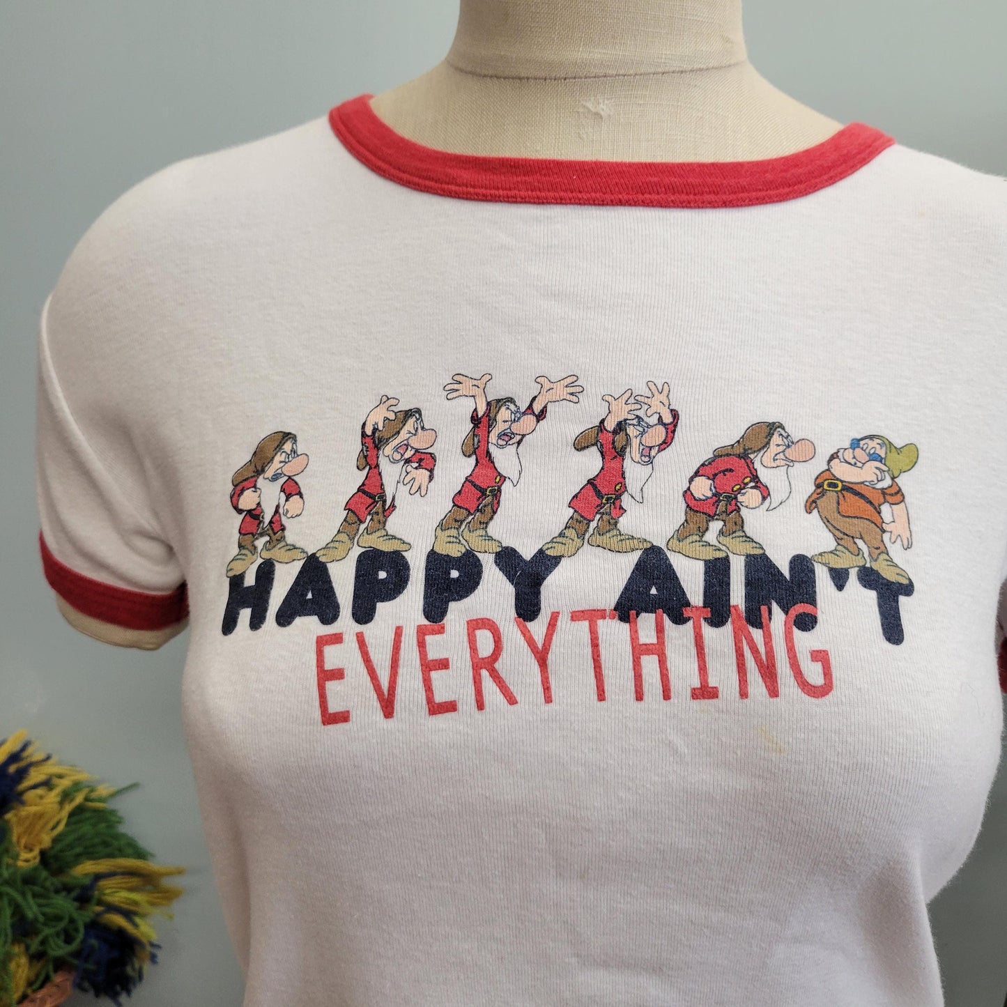 vtg 90s GRUMPY SNOW WHITE Shirt // vintage disney youth large baby tee 7 dwarves “happy ain’t everything” funny ringer tee Y2K french cut