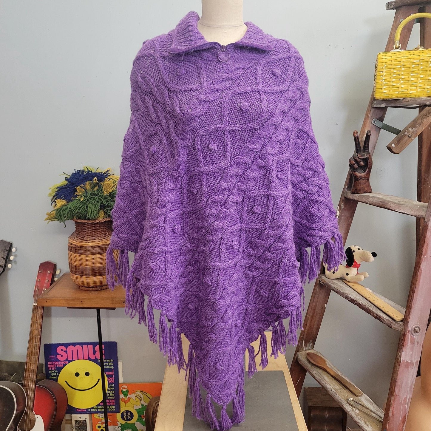 vtg 70s PURPLE KNIT PONCHO // vintage xl 3d textured fringe cape pastel flowy autumn halloween vibe hippie boho ethereal ren fest mini dress