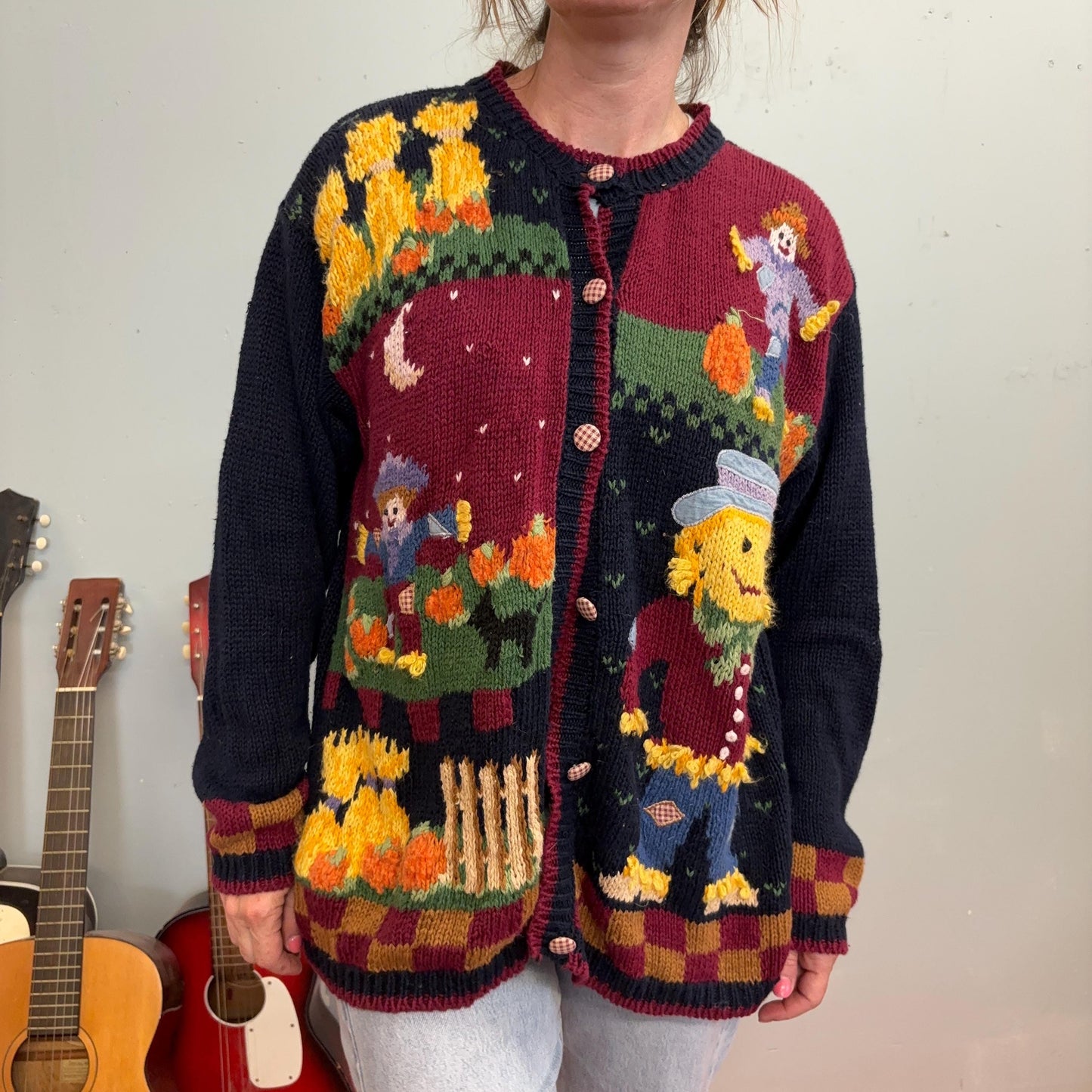 vtg 80s SCARECROW KNIT CARDIGAN // vintage hand knit autumn fall harvest scene halloween patterned soft sweater happy face eagles eye style