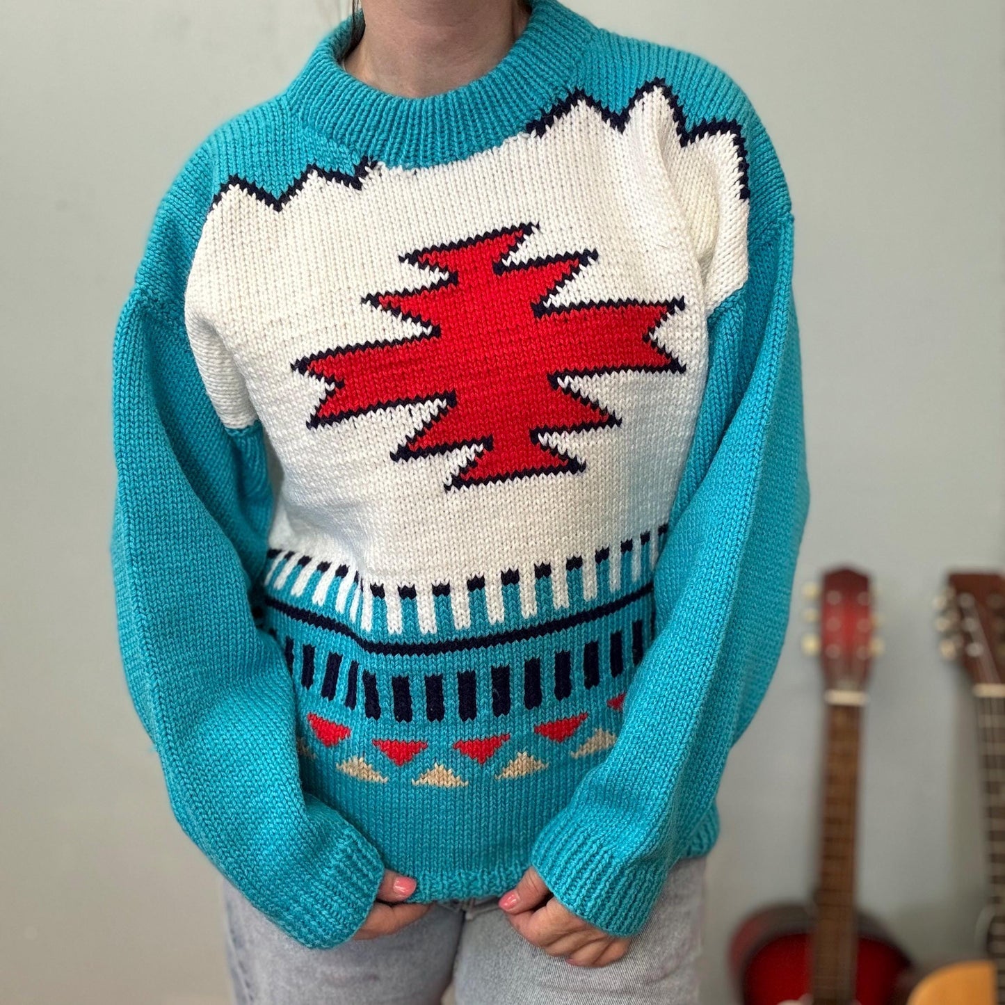 vtg 70s PENDLETON STYLE KNIT Sweater // vintage robins egg blue red aztec southwestern pattern chunky knit geometric print hand knit pop art