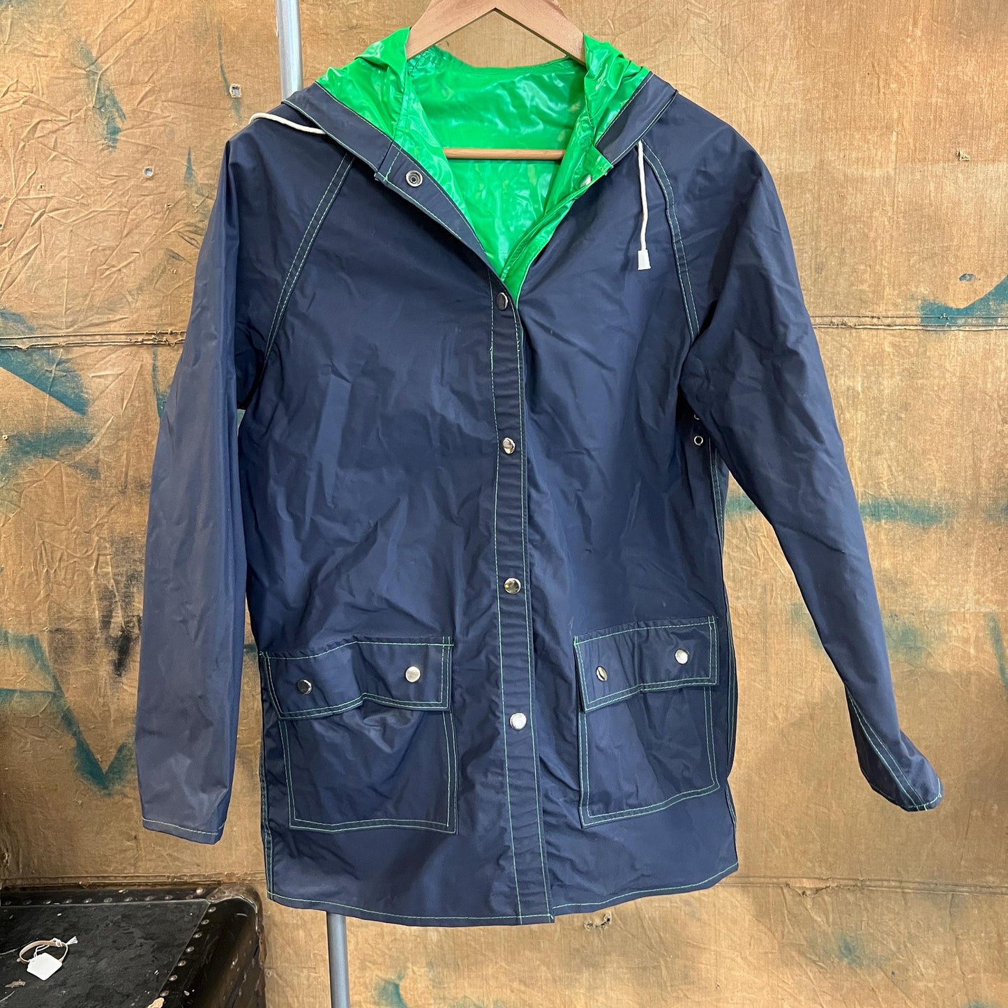 vtg 80s REVERSIBLE RAIN COAT // vintage bright green navy blue hooded neon pvc vinyl parka autumn fall swishy reflective halloween night