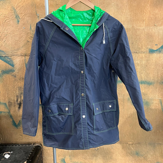 vtg 80s REVERSIBLE RAIN COAT // vintage bright green navy blue hooded neon pvc vinyl parka autumn fall swishy reflective halloween night